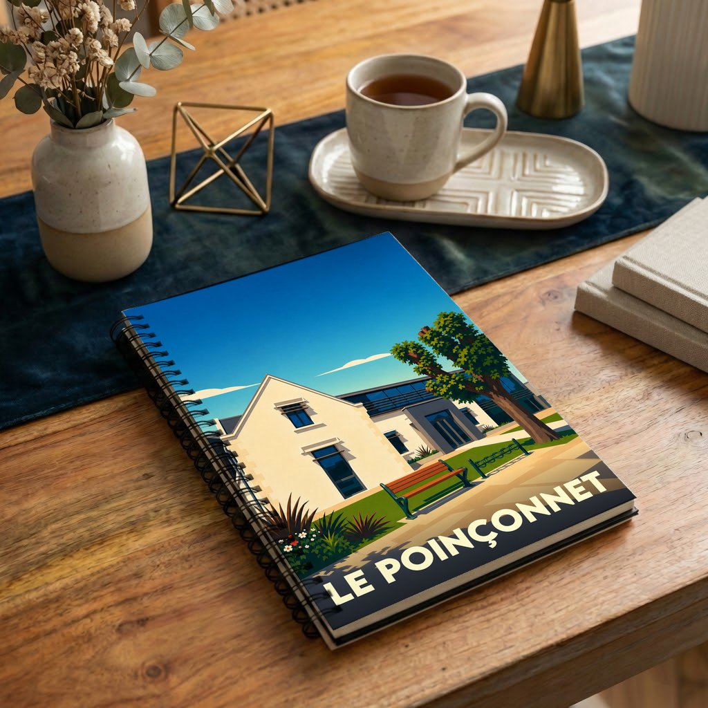 Carnet à spirales souvenir de la ville de Le Poinçonnet avec une illustration stylisée d'une maison et d'un parc.