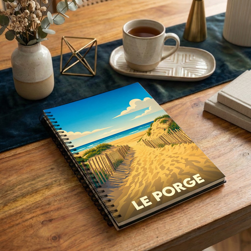 Carnet à spirales souvenir de la ville du Porge avec une illustration stylisée d'un chemin dunaire menant à l'océan.
