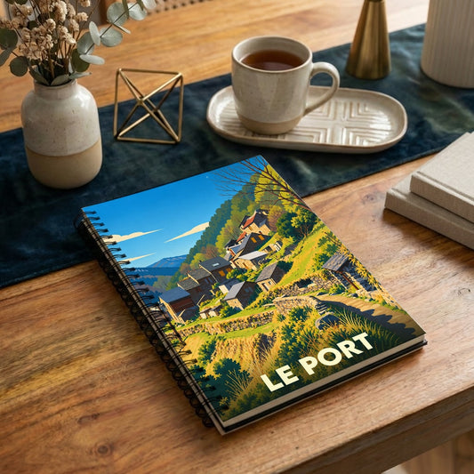 Carnet à spirales souvenir de la ville de Le Port avec une illustration stylisée de son village de montagne.