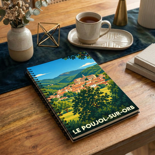 Carnet à spirale souvenir de la ville du Poujol-sur-Orb avec une illustration stylisée de son paysage vallonné.