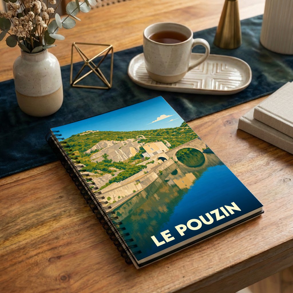 Carnet à spirale souvenir de la ville de Le Pouzin avec une illustration stylisée d'un pont en bord de rivière.