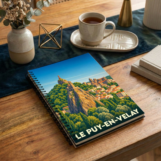 Carnet souvenir de la ville de Le Puy-en-Velay avec une illustration stylisée de ses monuments emblématiques.
