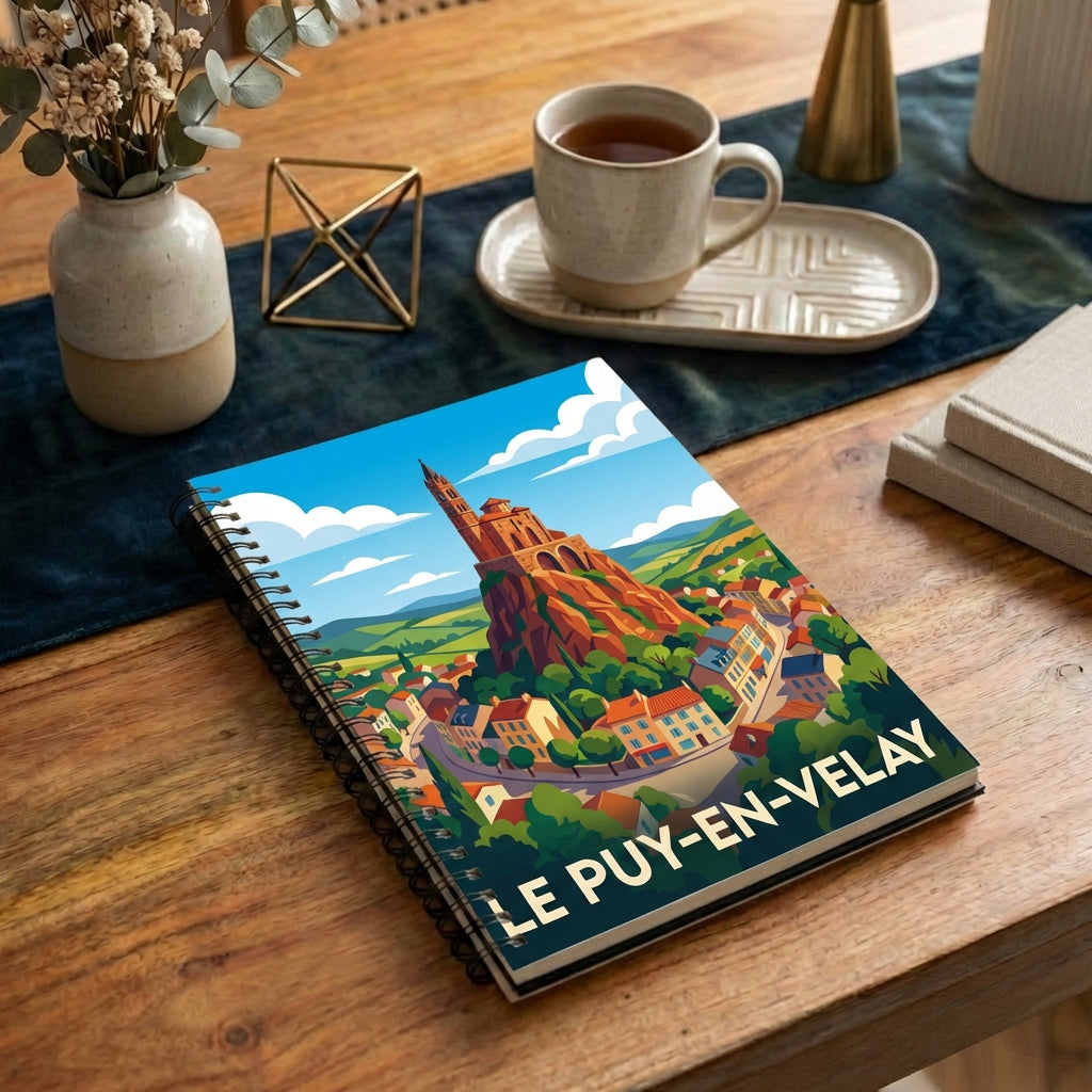 Carnet souvenir de la ville de Le Puy-en-Velay avec une illustration stylisée de son célèbre rocher.