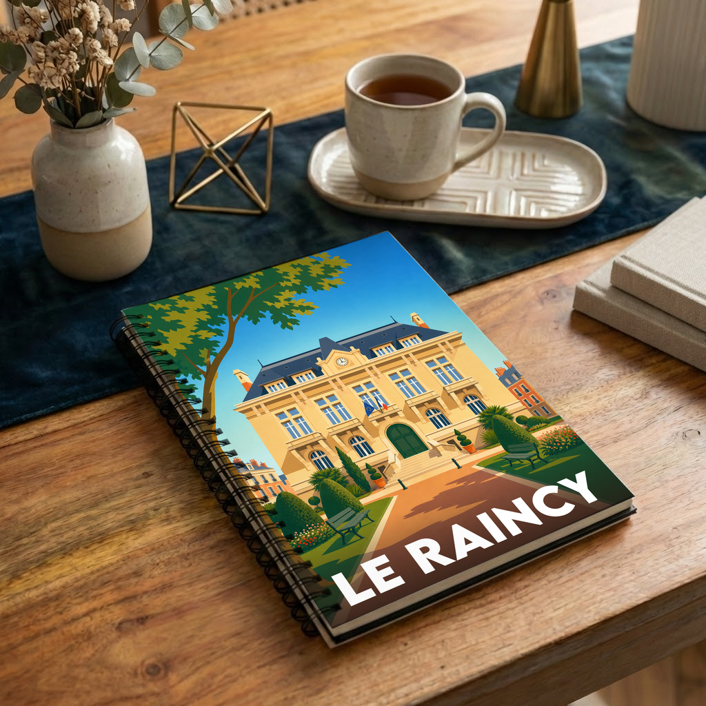 Carnet souvenir de la ville de Le Raincy avec une illustration stylisée de son hôtel de ville.