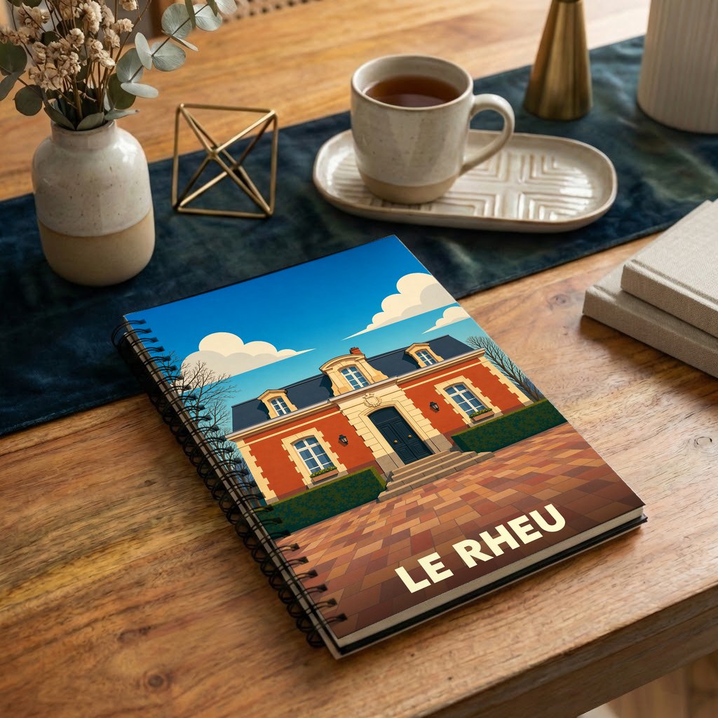 Carnet de notes souvenir de la ville de Le Rheu avec une illustration stylisée.