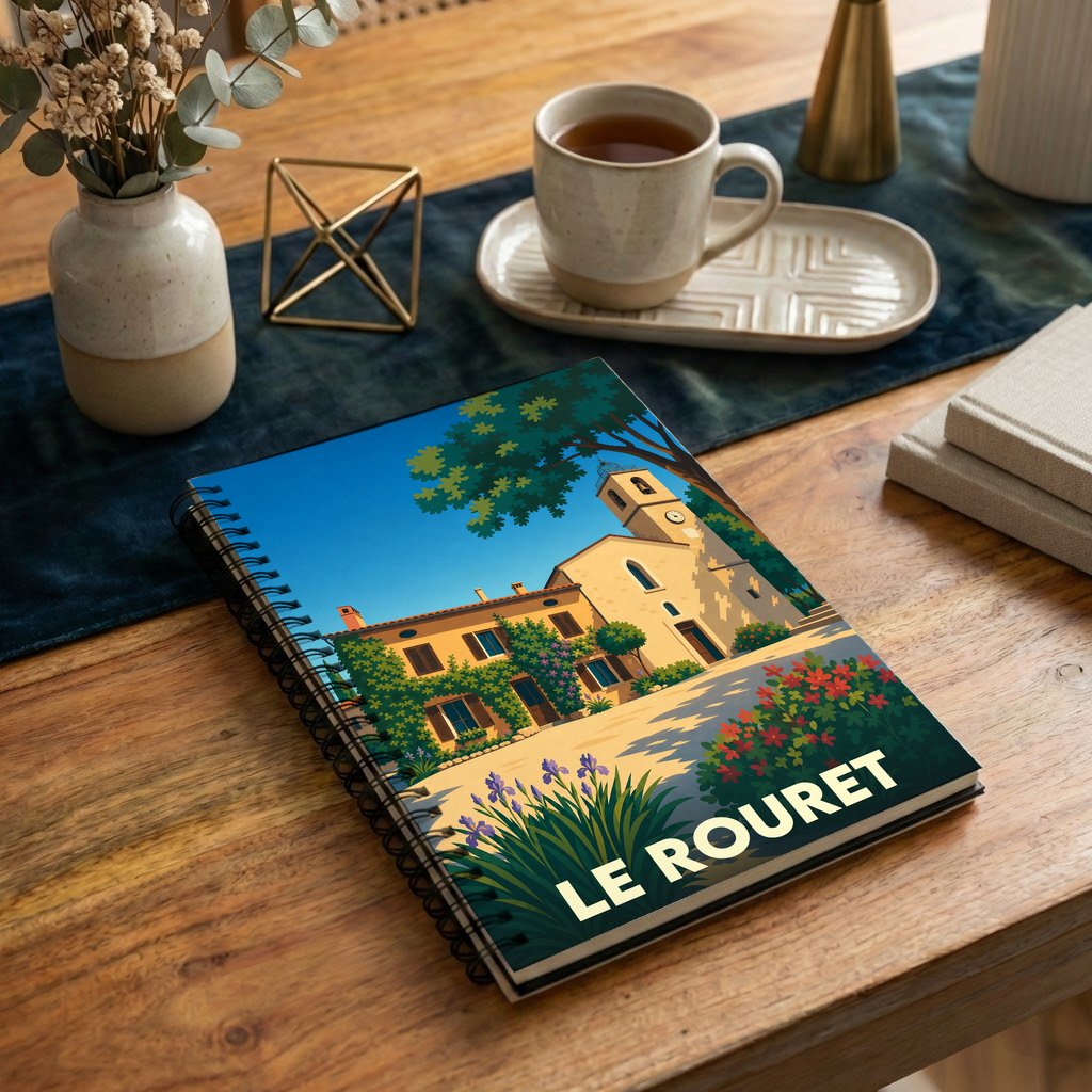 Carnet à spirales souvenir de la ville du Rouret avec une illustration stylisée.