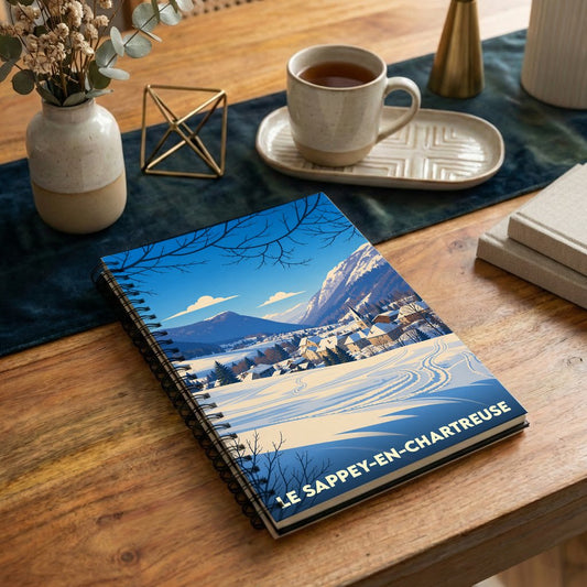 Carnet souvenir de la ville de Le Sappey-en-Chartreuse illustré d'un paysage de montagne enneigé.