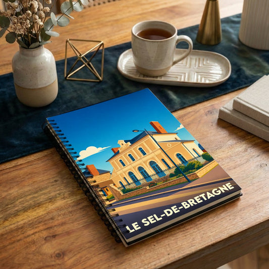Carnet à spirales souvenir de la ville de Le Sel-de-Bretagne avec une illustration stylisée.