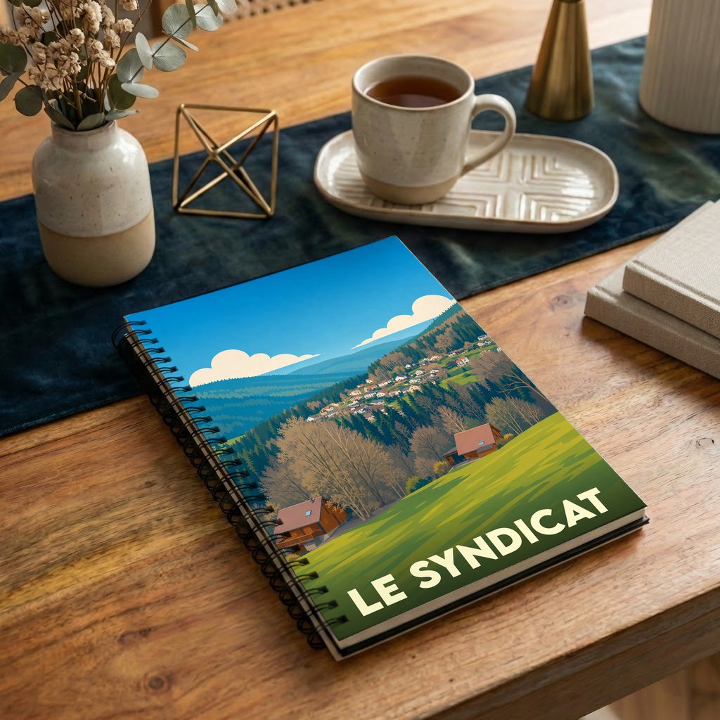 Carnet souvenir de la ville de Le Syndicat avec une illustration stylisée d'un paysage de montagne.
