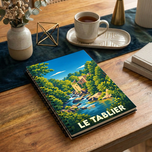 Carnet souvenir de la ville de Le Tablier avec une illustration stylisée d'un moulin au bord de l'eau.
