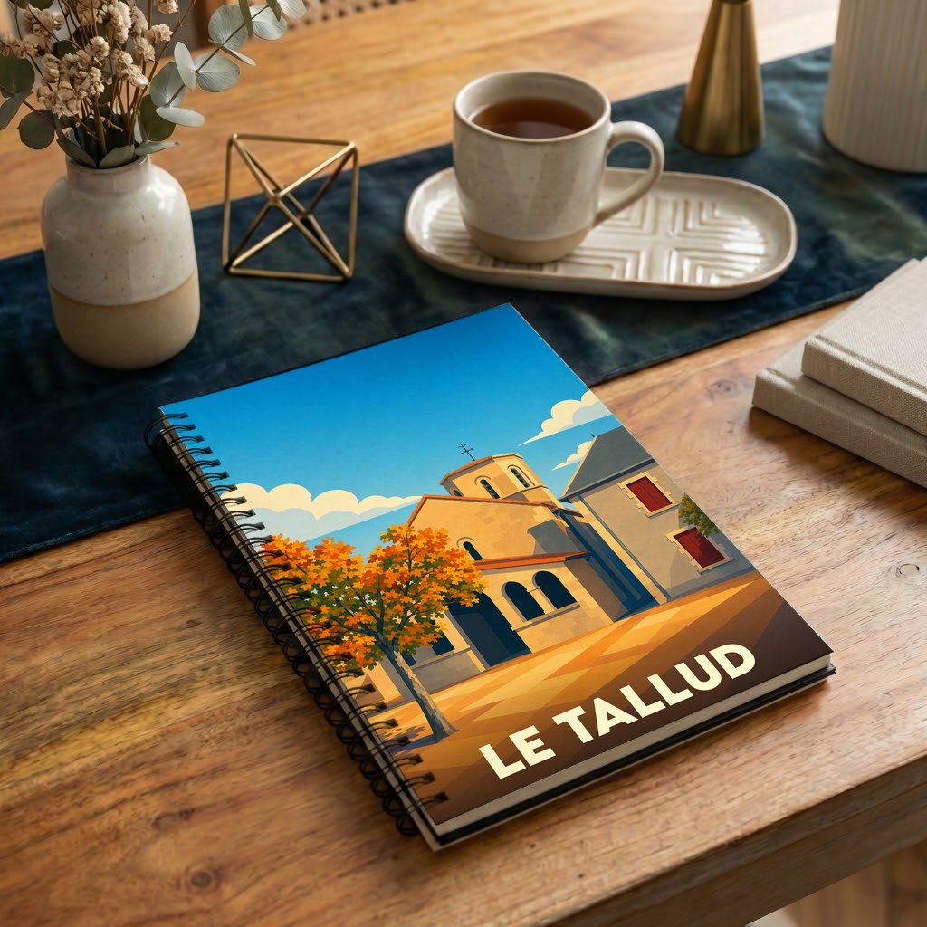 Carnet souvenir de la ville du Tallud illustré d'un paysage urbain stylisé aux couleurs automnales.