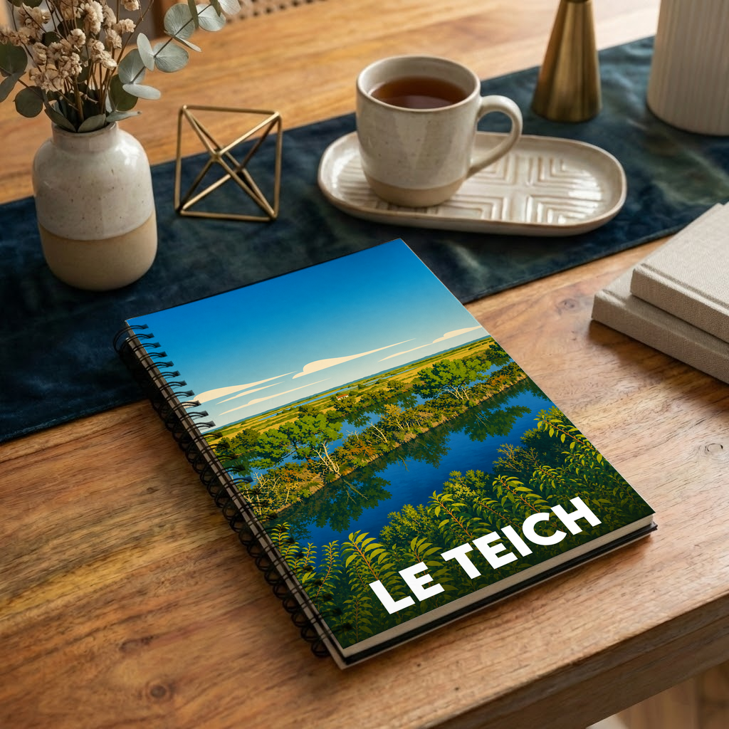 Carnet souvenir de la ville de Le Teich avec une illustration stylisée de son paysage naturel.