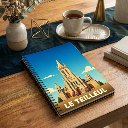 Carnet à spirales souvenir de la ville de Le Teilleul avec une illustration stylisée de son église.