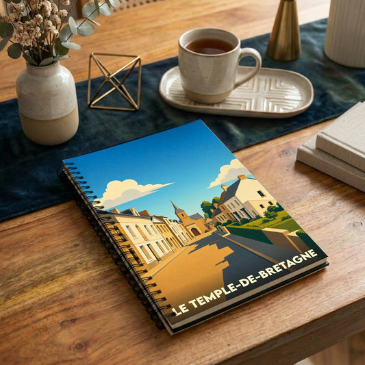 Carnet à spirales souvenir de la ville de Le Temple-de-Bretagne avec une illustration stylisée.