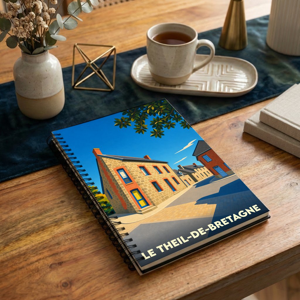 Carnet à spirales souvenir de la ville de Le Theil-de-Bretagne avec une illustration stylisée.
