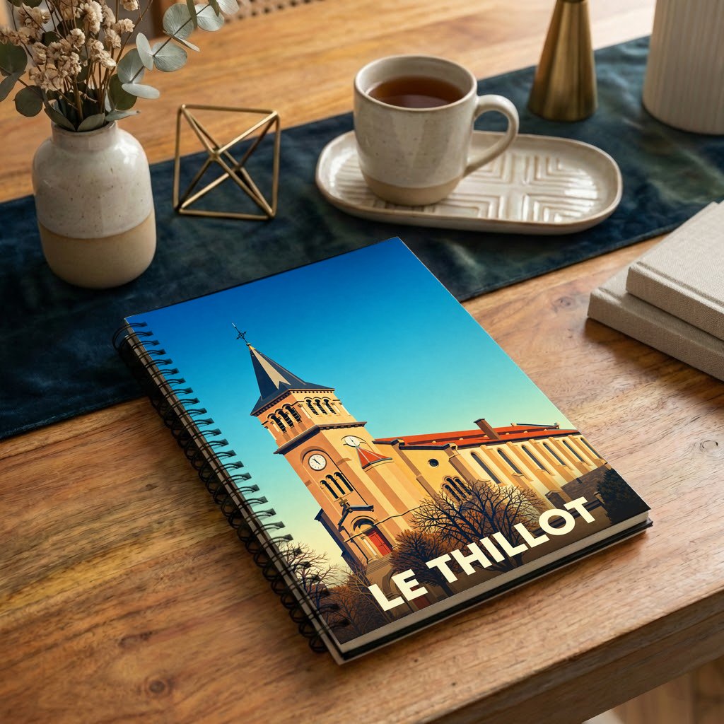 Carnet à spirales souvenir de la ville du Thillot avec une illustration stylisée de son église.