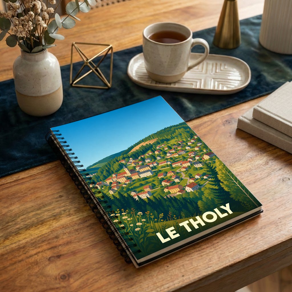 Carnet à spirales souvenir de la ville du Tholy avec une illustration stylisée de ses paysages de montagne.