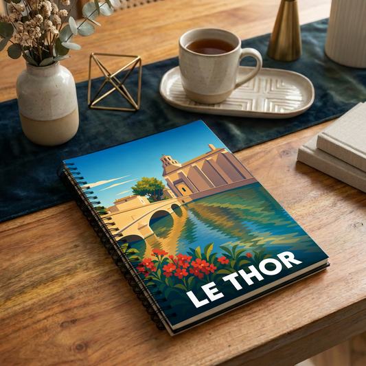 Carnet à spirales souvenir de la ville de Le Thor avec une illustration stylisée représentant son pont et son église au bord de l'eau.