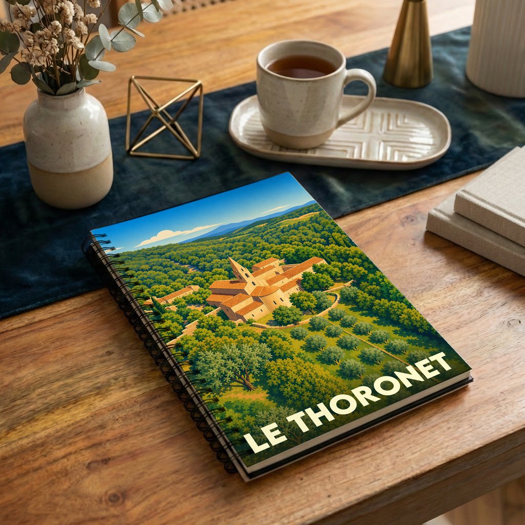 Carnet souvenir de la ville de Le Thoronet avec une illustration stylisée de son abbaye nichée dans la forêt.