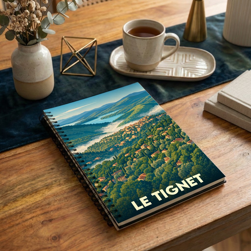 Carnet à spirales souvenir de la ville de Le Tignet avec une illustration paysagère stylisée.