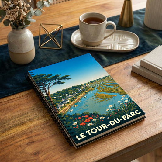 Carnet à spirales souvenir de la ville de Le Tour-du-Parc avec une illustration stylisée de son paysage côtier.