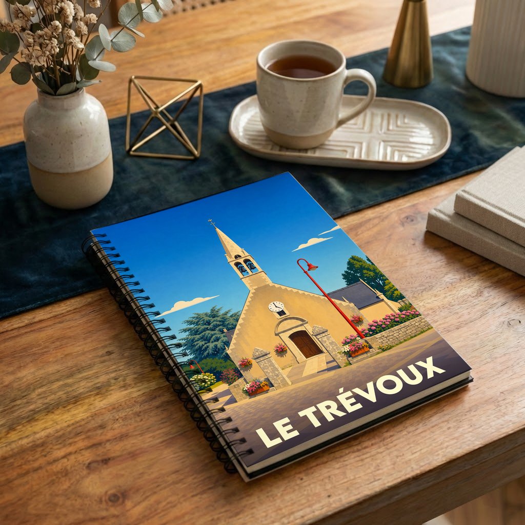 Carnet souvenir de la ville de Le Trévoux avec une illustration stylisée de son église.