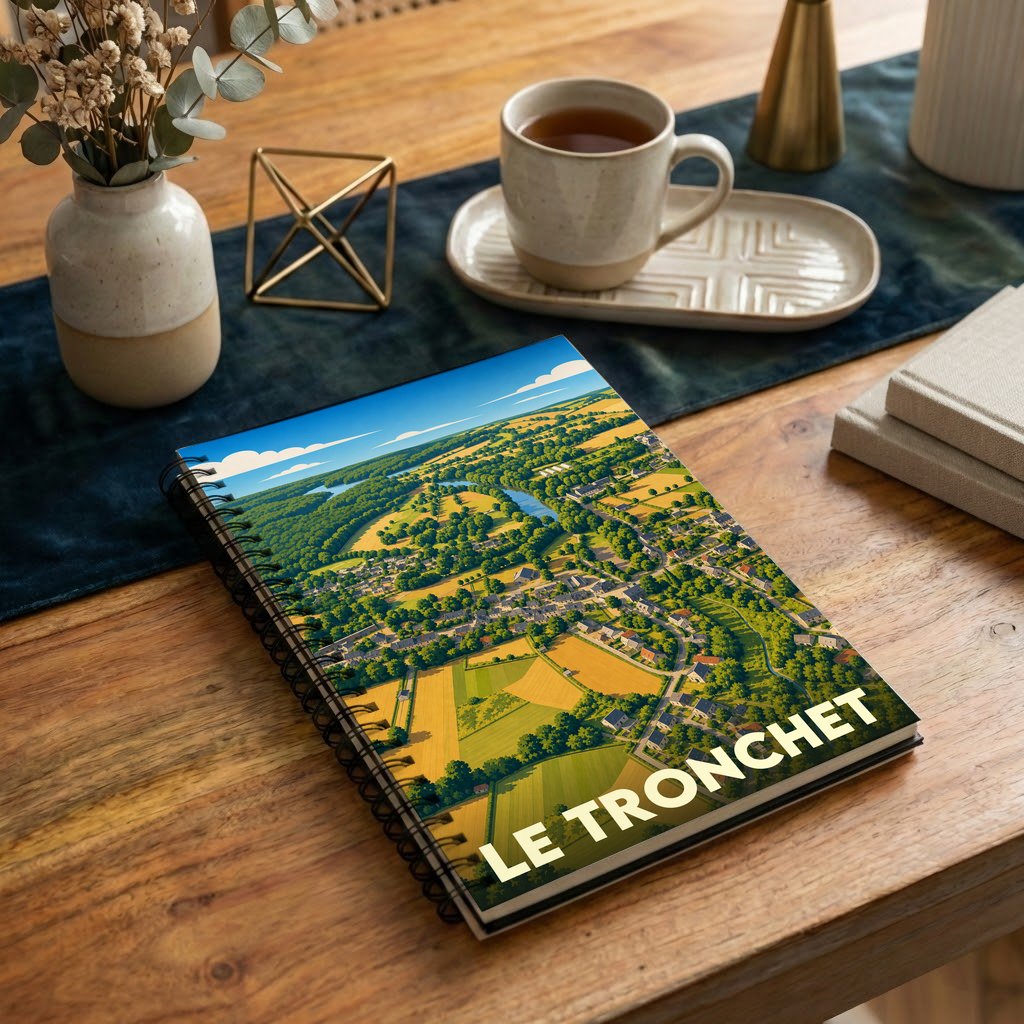 Carnet de notes souvenir de la ville de Le Tronchet avec une illustration aérienne colorée.