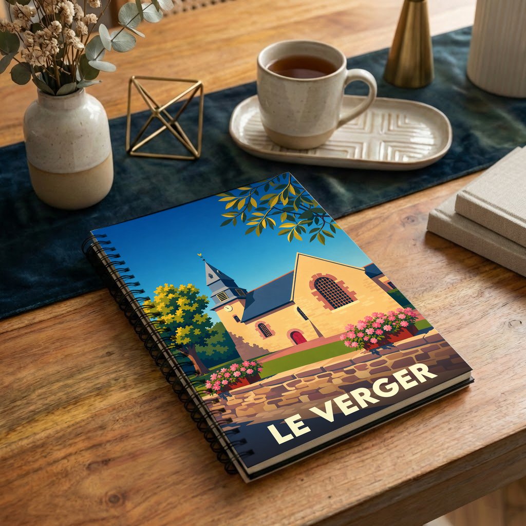 Carnet à spirale souvenir de la ville de Le Verger avec une illustration stylisée de son église.