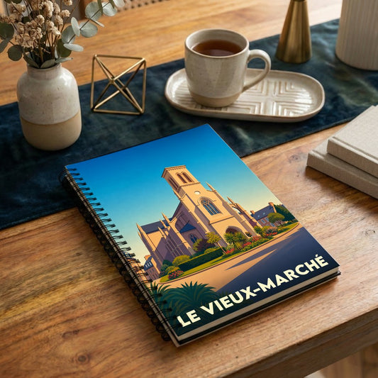 Carnet souvenir de la ville de Le Vieux-Marché avec une illustration stylisée de son église sous un ciel azur.