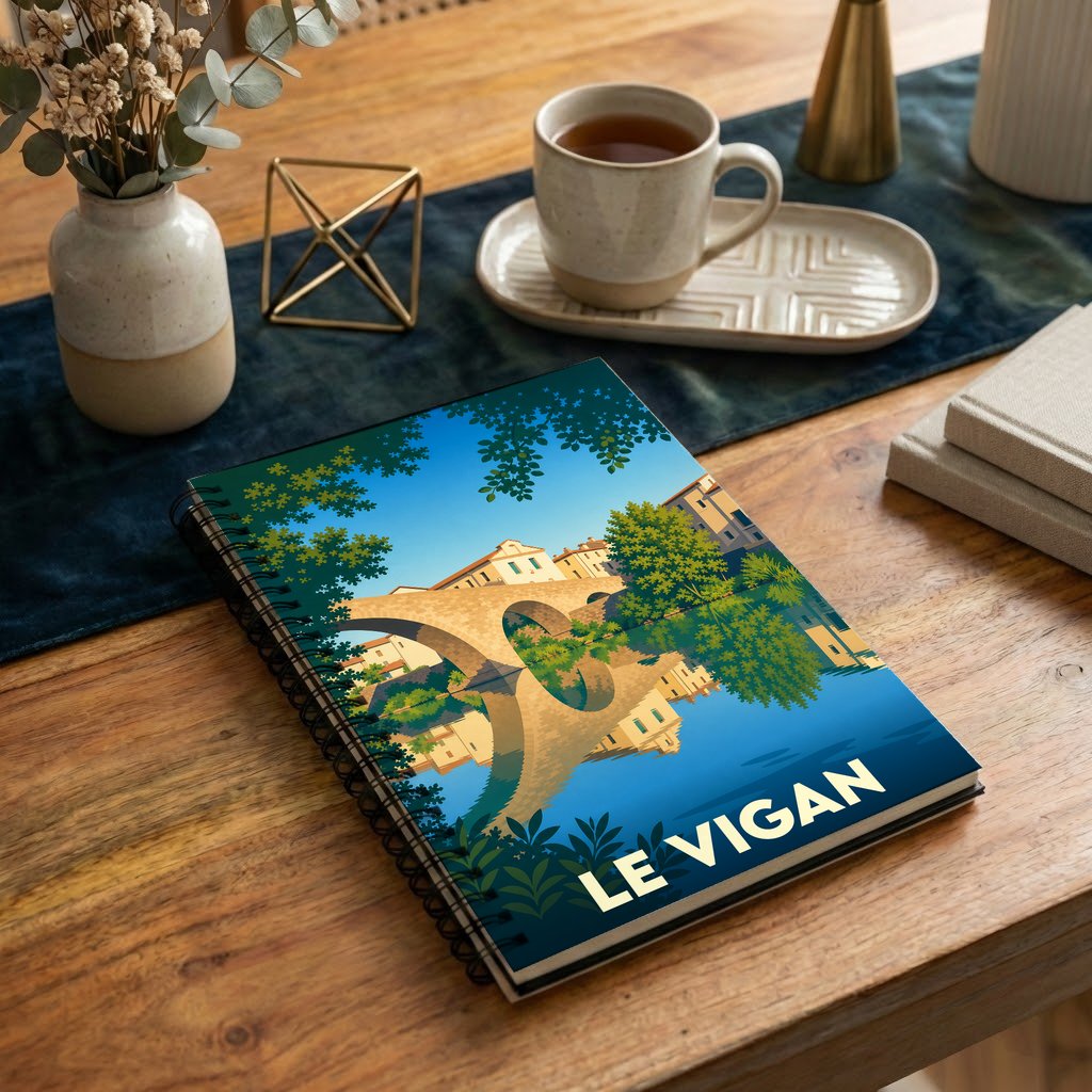 Carnet de notes à spirales souvenir de la ville de Le Vigan avec une illustration stylisée d'un pont se reflétant dans l'eau.