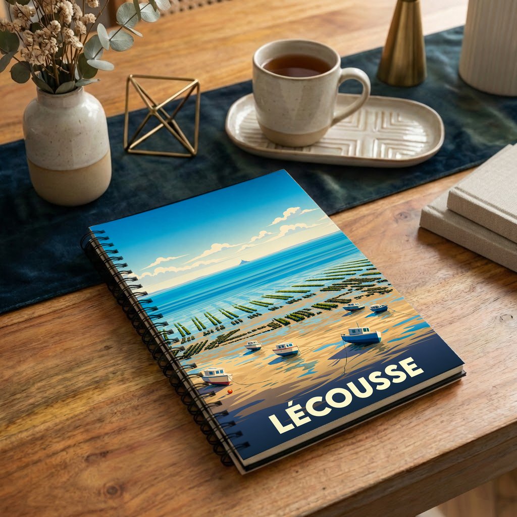 Carnet souvenir de la ville de Lécousse avec une illustration stylisée de son paysage côtier.