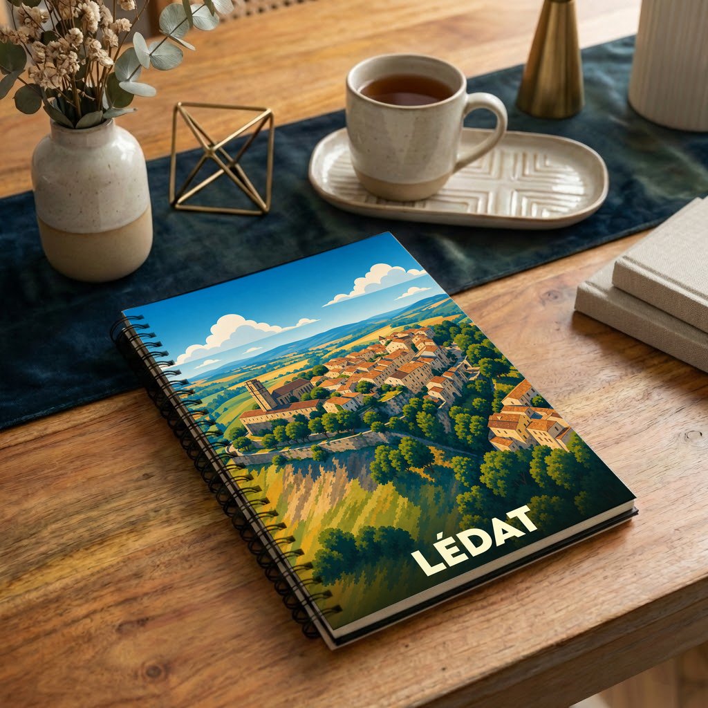 Carnet à spirales souvenir de la ville de Lédat avec une illustration stylisée d'un paysage vallonné.