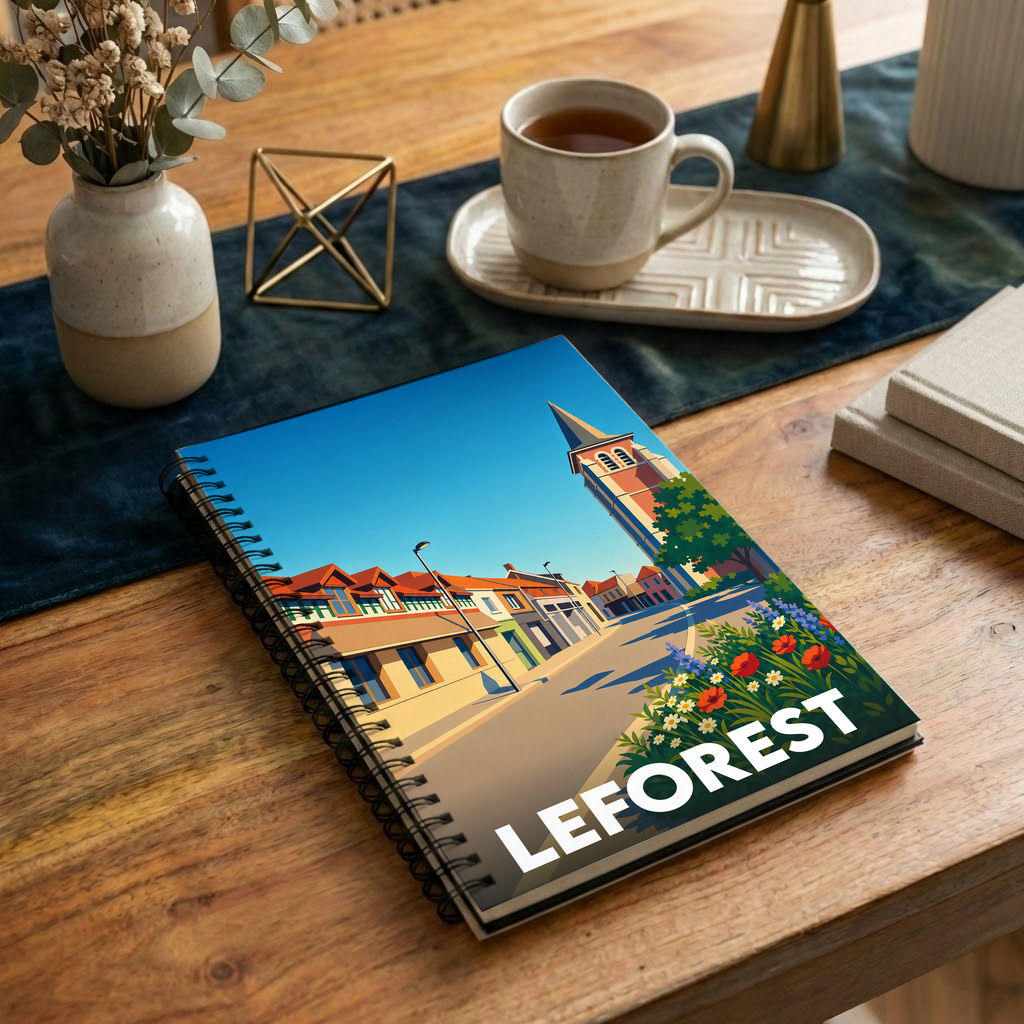 Carnet de notes souvenir de la ville de Leforest avec une illustration colorée et stylisée de ses rues.