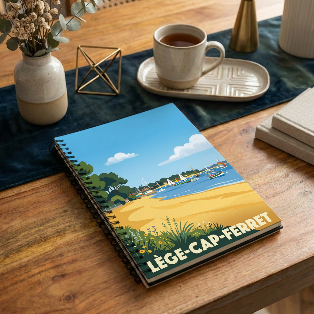 Carnet souvenir de la ville de Lège-Cap-Ferret avec une illustration de bord de mer stylisée.