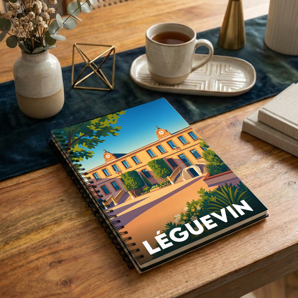 Carnet à spirales souvenir de la ville de Léguevin avec une illustration stylisée de l'hôtel de ville.
