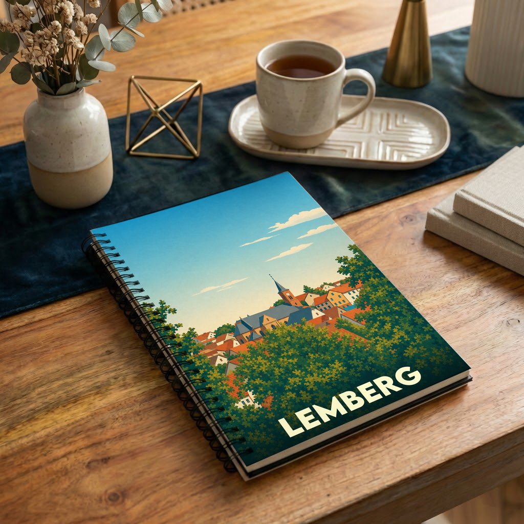 Carnet à spirales souvenir de la ville de Lemberg avec une illustration stylisée de son paysage urbain.