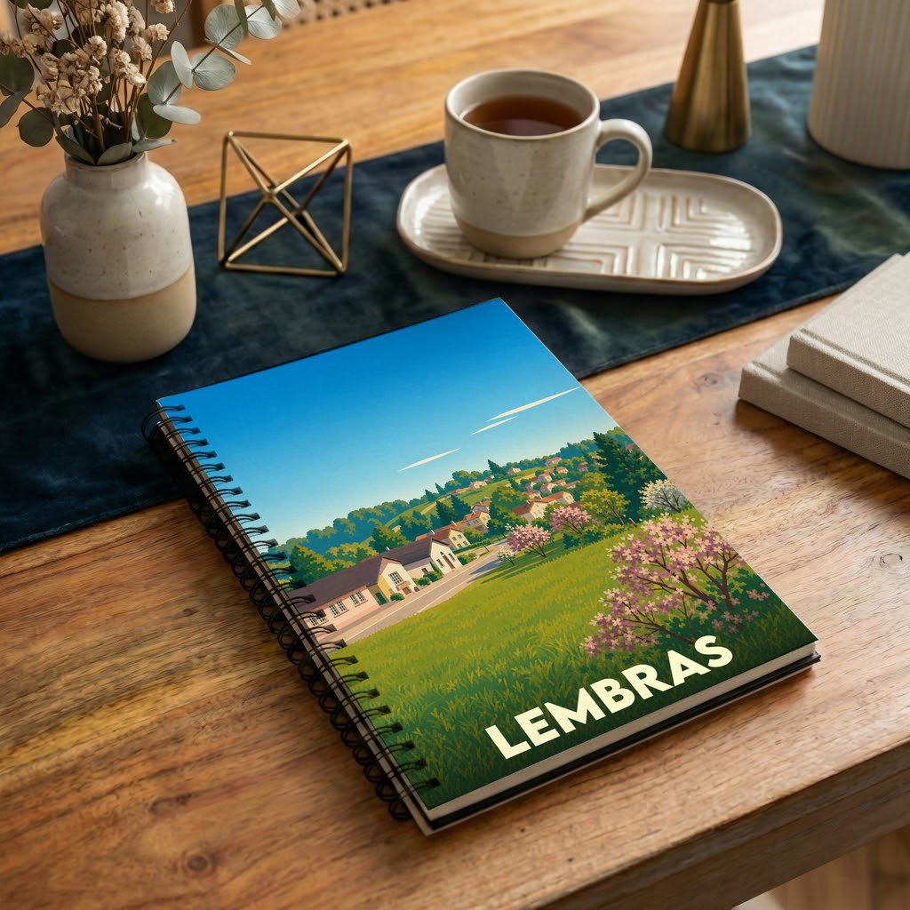 Carnet de notes souvenir de la ville de Lembras avec une illustration stylisée de son paysage vallonné.