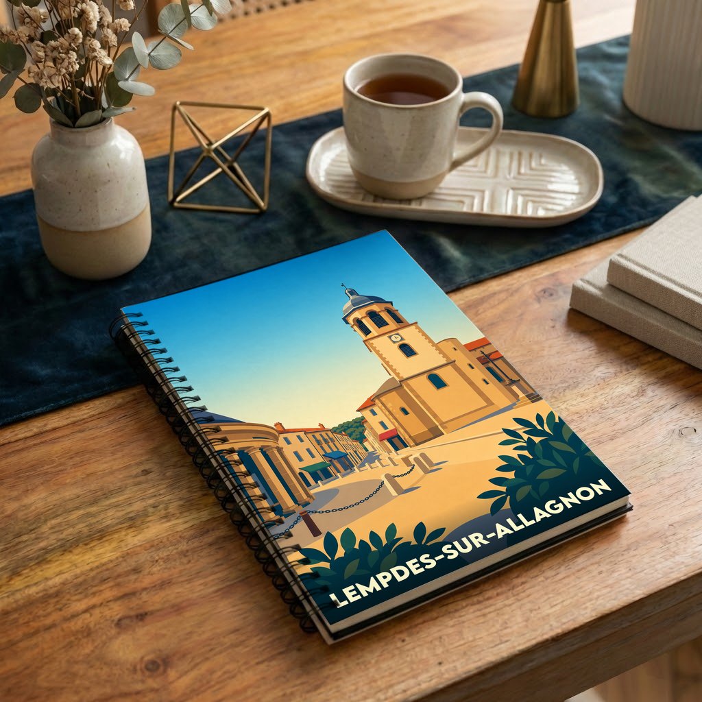 Carnet souvenir de la ville de Lempdes-sur-Allagnon avec une illustration stylisée de son église et de ses rues.