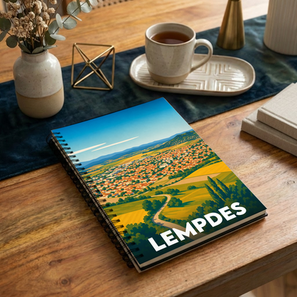 Carnet souvenir de la ville de Lempdes avec une illustration stylisée d'un paysage panoramique.