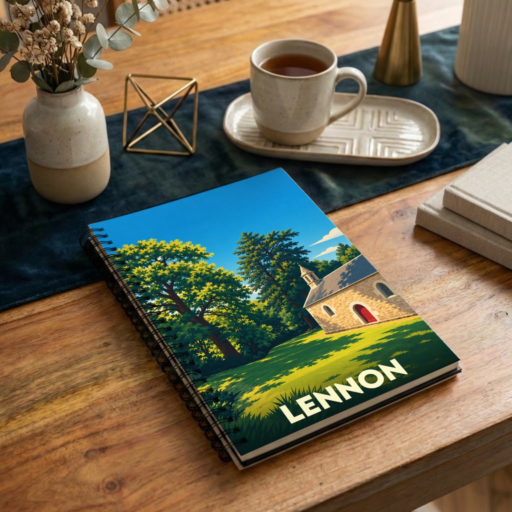 Carnet souvenir de la ville de Lennon avec une illustration stylisée d'une église et de paysages boisés.