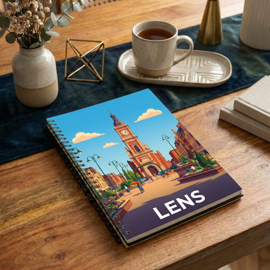 Carnet à spirales souvenir de la ville de Lens avec une illustration stylisée.