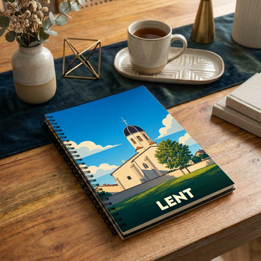 Carnet souvenir de la ville de Lent avec une illustration stylisée d'une église sous un ciel bleu.