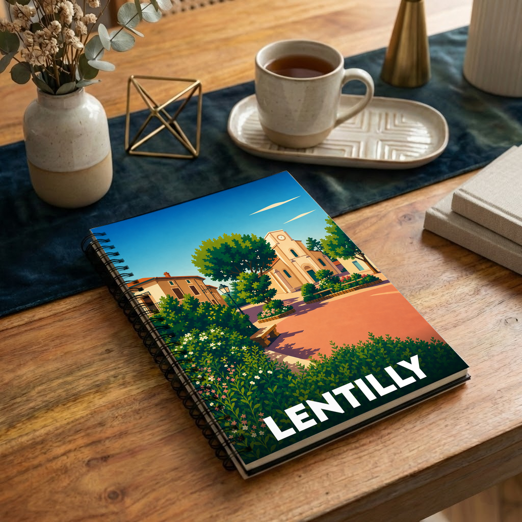 Carnet à spirales souvenir de la ville de Lentilly avec une illustration stylisée et colorée.