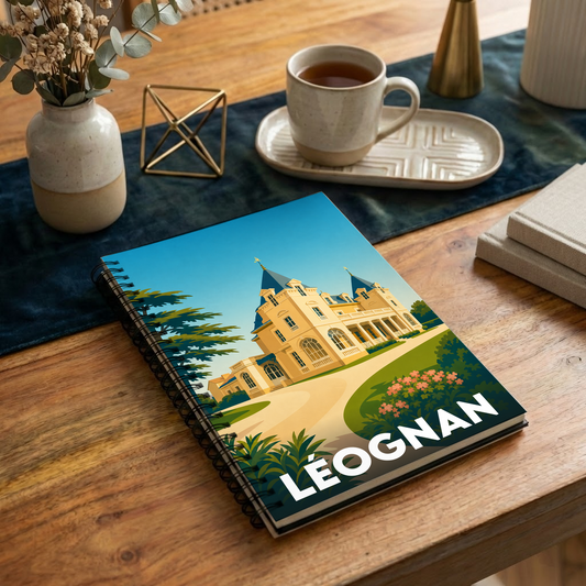 Carnet souvenir de la ville de Léognan avec une illustration stylisée d'un château.