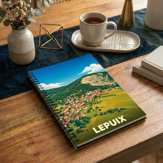 Carnet à spirales souvenir de la ville de Lepuix avec une illustration stylisée de ses paysages et de ses toits rouges.