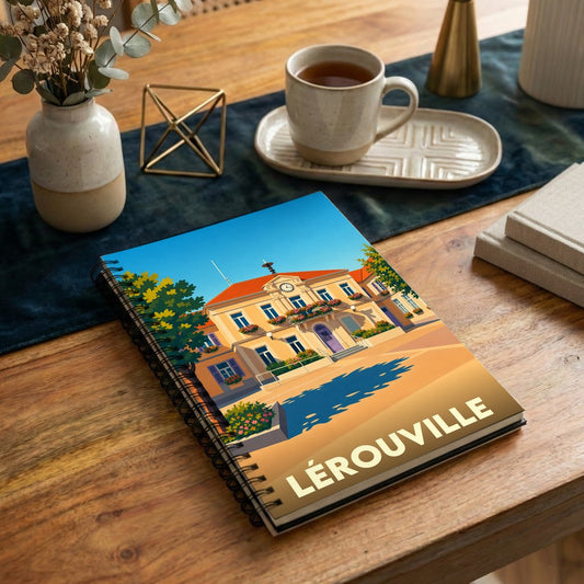 Carnet à spirales souvenir de la ville de Lérouville avec une illustration stylisée de son hôtel de ville.