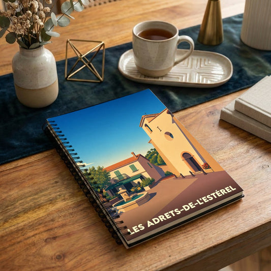 Carnet à spirales souvenir de la ville de Les Adrets-de-l'Estérel avec une illustration stylisée.