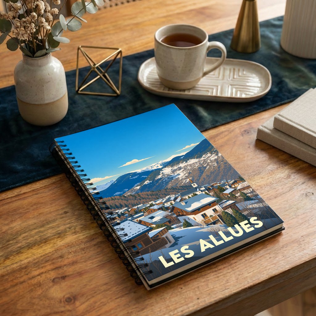 Carnet souvenir de la ville de Les Allues illustré d'un paysage de montagne enneigé.