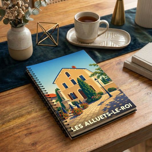 Carnet à spirales souvenir de la ville de Les Alluets-le-Roi avec une illustration stylisée de sa mairie.