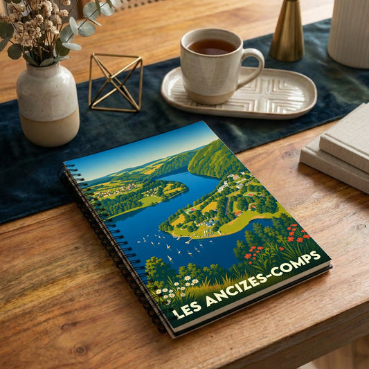 Carnet à spirales souvenir de la ville de Les Ancizes-Comps avec une illustration stylisée d'un paysage de lac.